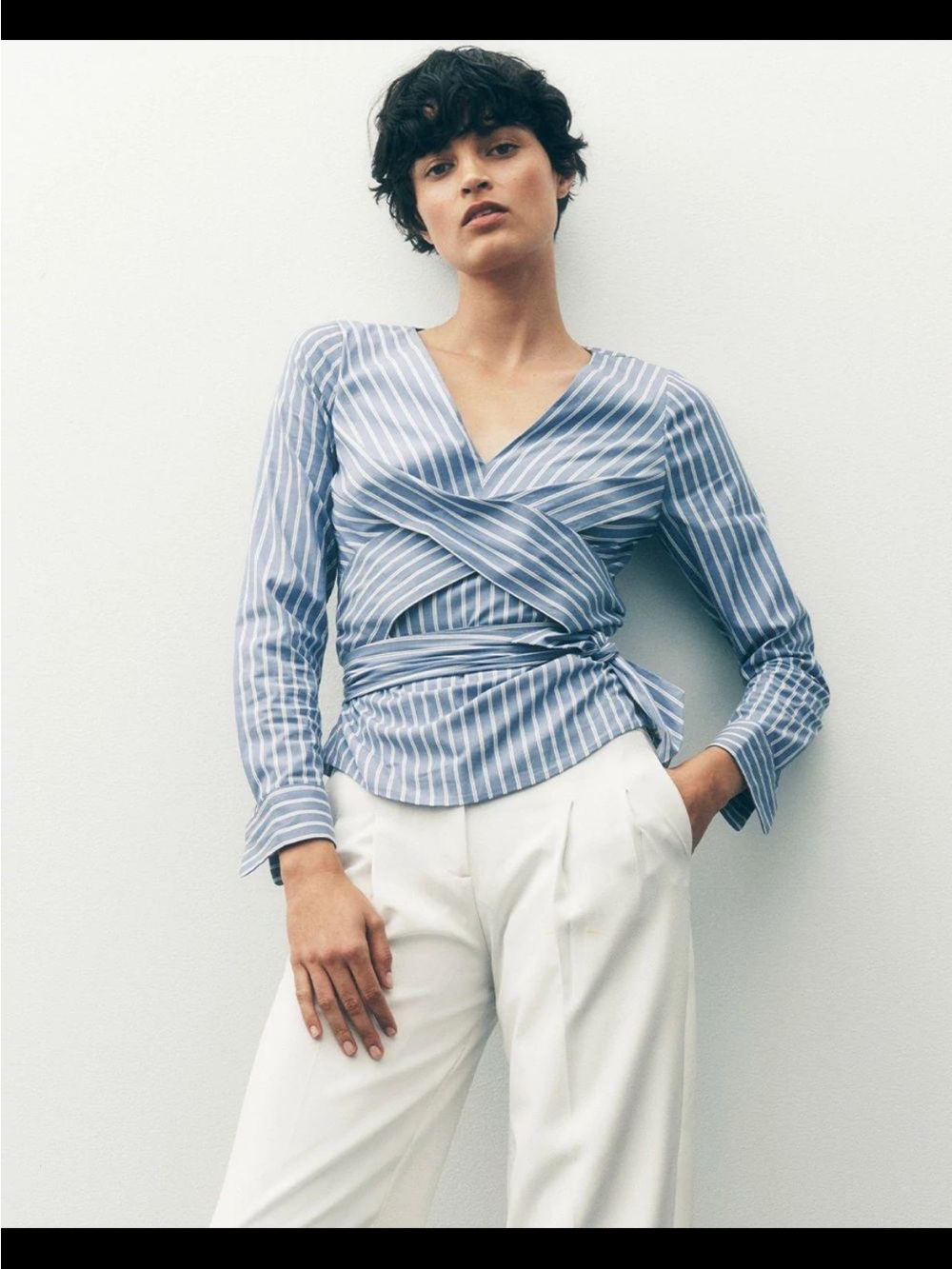 White House Black Market 10 Blue Stripe Twist Front Tie-Waist Blouse